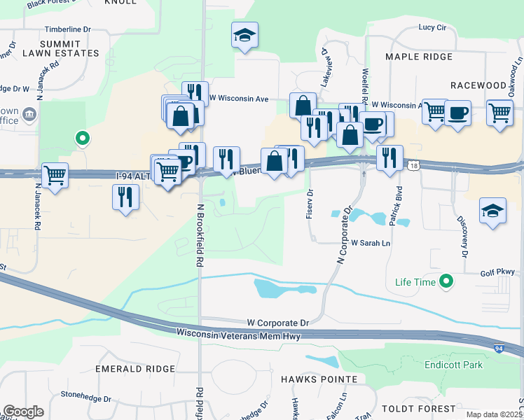 map of restaurants, bars, coffee shops, grocery stores, and more near 18375 Brookfield Lake Drive in Brookfield