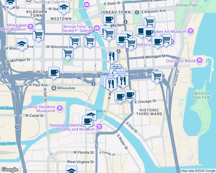 map of restaurants, bars, coffee shops, grocery stores, and more near 401 North Water Street in Milwaukee