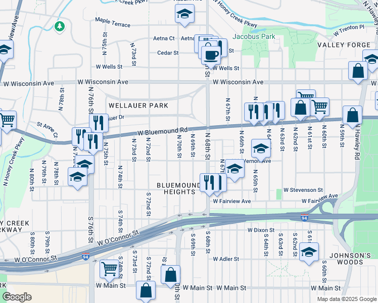 map of restaurants, bars, coffee shops, grocery stores, and more near 409 North 69th Street in Wauwatosa