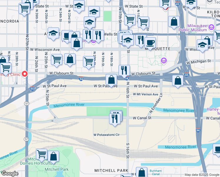 map of restaurants, bars, coffee shops, grocery stores, and more near 1818 West Saint Paul Avenue in Milwaukee