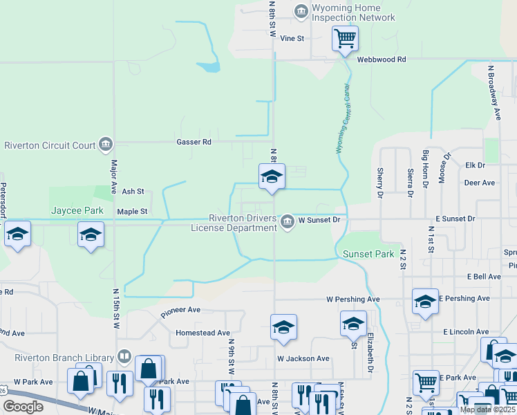 map of restaurants, bars, coffee shops, grocery stores, and more near 822 Independence Drive in Riverton