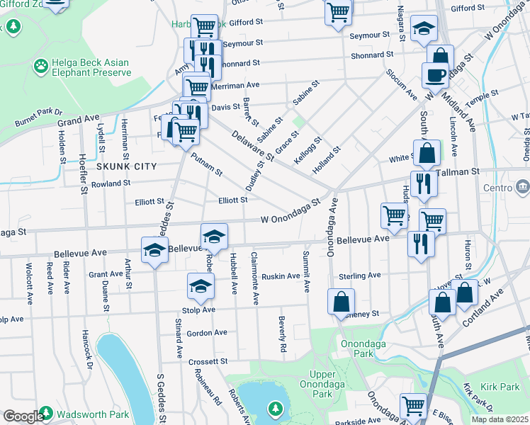 map of restaurants, bars, coffee shops, grocery stores, and more near 124 Putnam Street in Syracuse