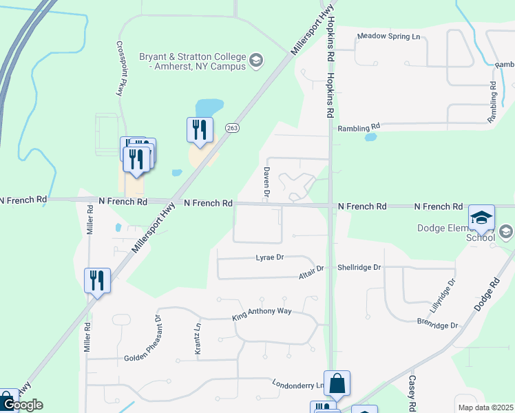 map of restaurants, bars, coffee shops, grocery stores, and more near 2198 North French Road in Getzville