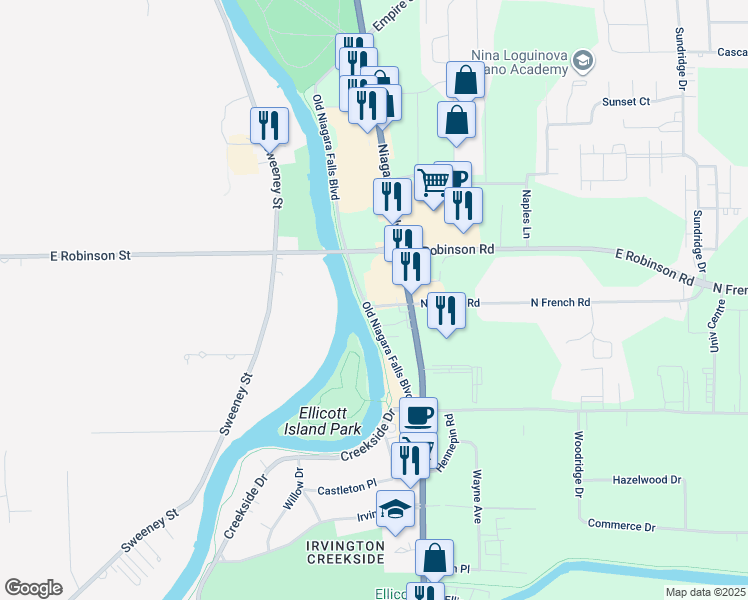 map of restaurants, bars, coffee shops, grocery stores, and more near 120 Old Niagara Falls Boulevard in Buffalo
