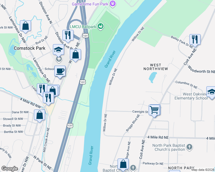 map of restaurants, bars, coffee shops, grocery stores, and more near 3915 Willow Drive Northeast in Grand Rapids