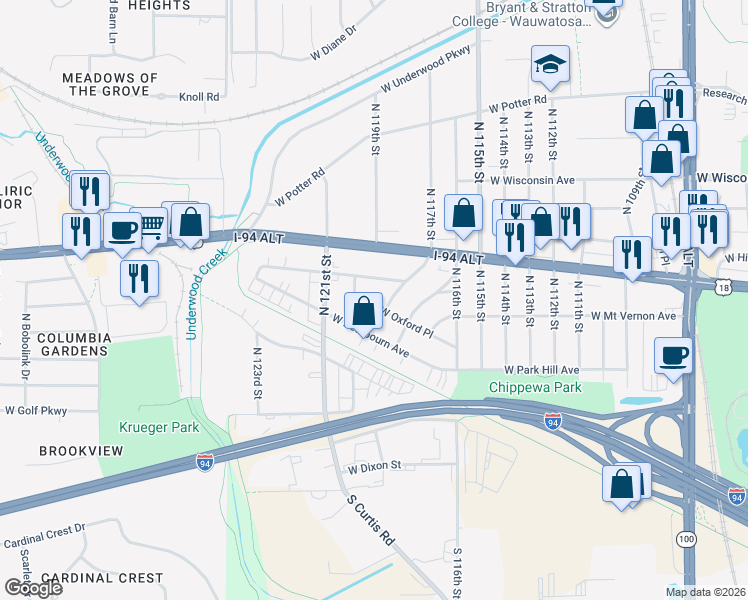 map of restaurants, bars, coffee shops, grocery stores, and more near 11843 West Cathedral Avenue in Wauwatosa