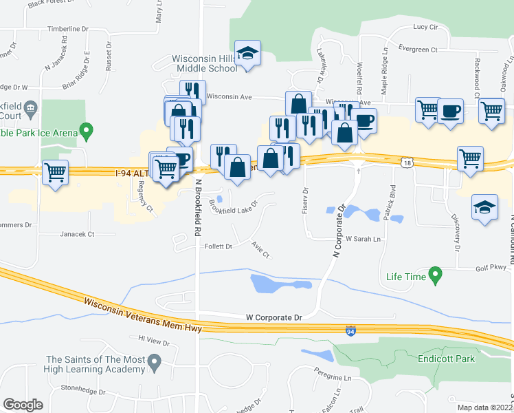map of restaurants, bars, coffee shops, grocery stores, and more near 18375 Brookfield Lake Drive in Brookfield