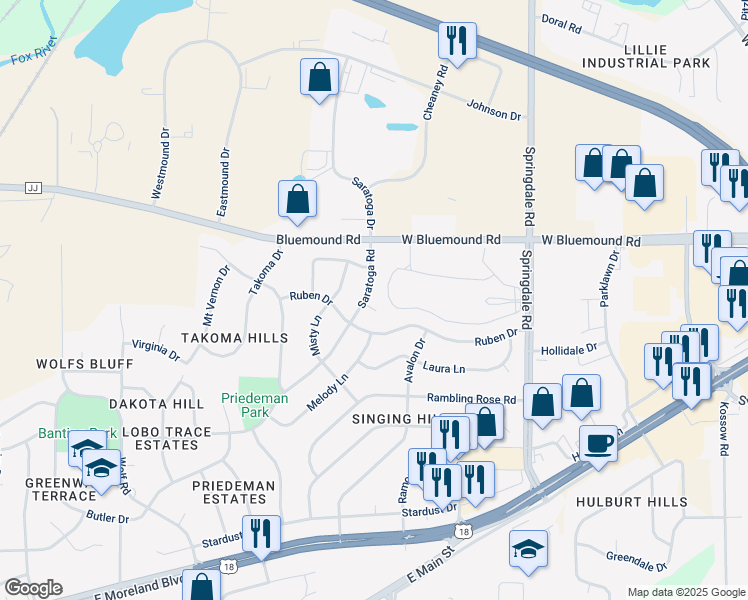 map of restaurants, bars, coffee shops, grocery stores, and more near 2431 Saratoga Road in Waukesha