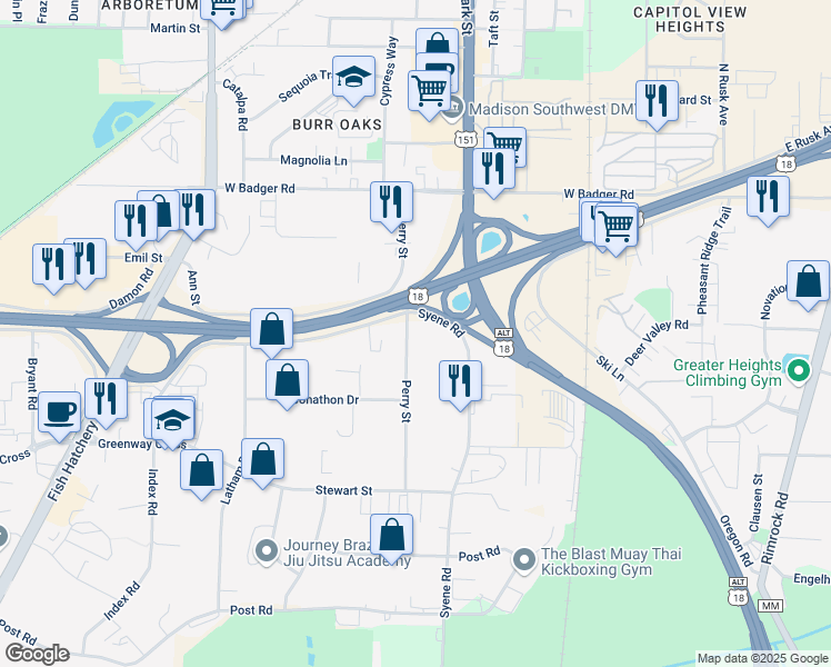 map of restaurants, bars, coffee shops, grocery stores, and more near 2720 Syene Road in Madison