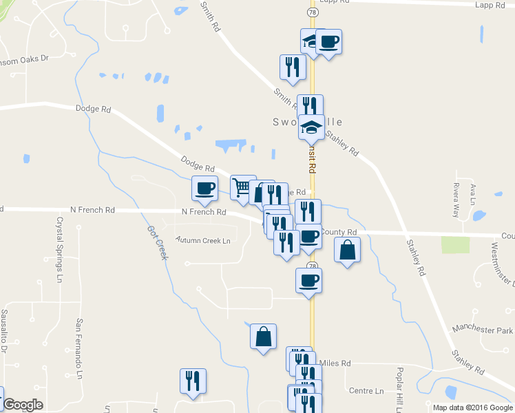 map of restaurants, bars, coffee shops, grocery stores, and more near 2769 Dodge Road in East Amherst
