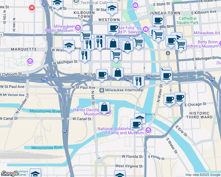 map of restaurants, bars, coffee shops, grocery stores, and more near 345 W St Paul Ave in Milwaukee