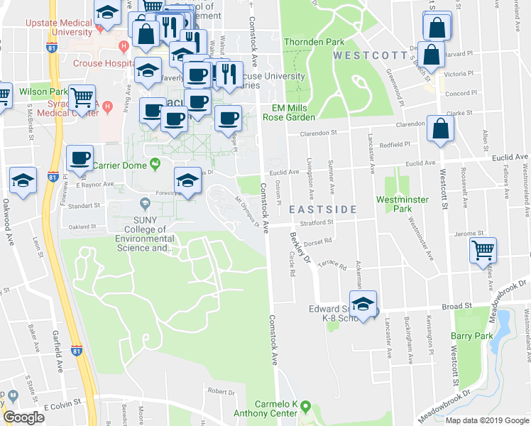 map of restaurants, bars, coffee shops, grocery stores, and more near 875 Comstock Avenue in Syracuse