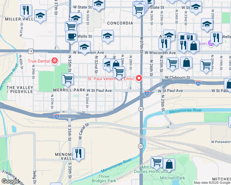 map of restaurants, bars, coffee shops, grocery stores, and more near 2927 West Saint Paul Avenue in Milwaukee