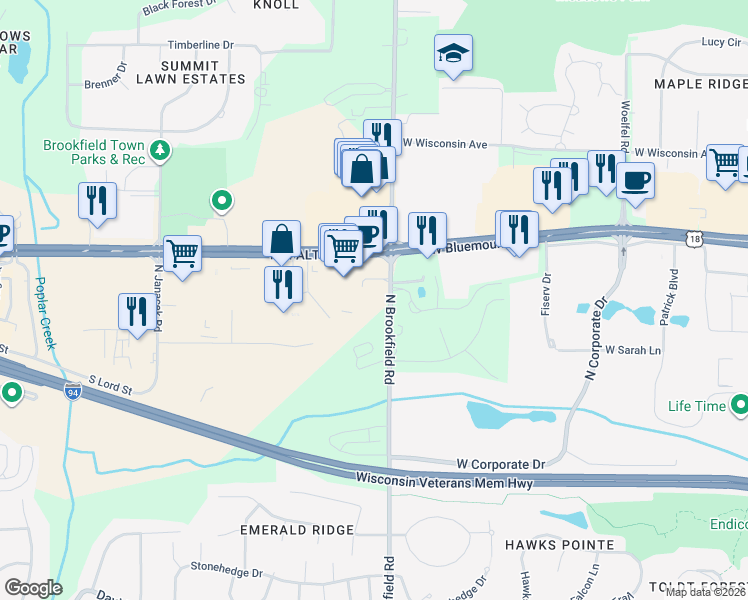 map of restaurants, bars, coffee shops, grocery stores, and more near 325 North Brookfield Road in Brookfield