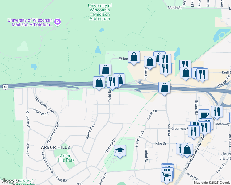 map of restaurants, bars, coffee shops, grocery stores, and more near 2703 West Beltline Highway in Madison
