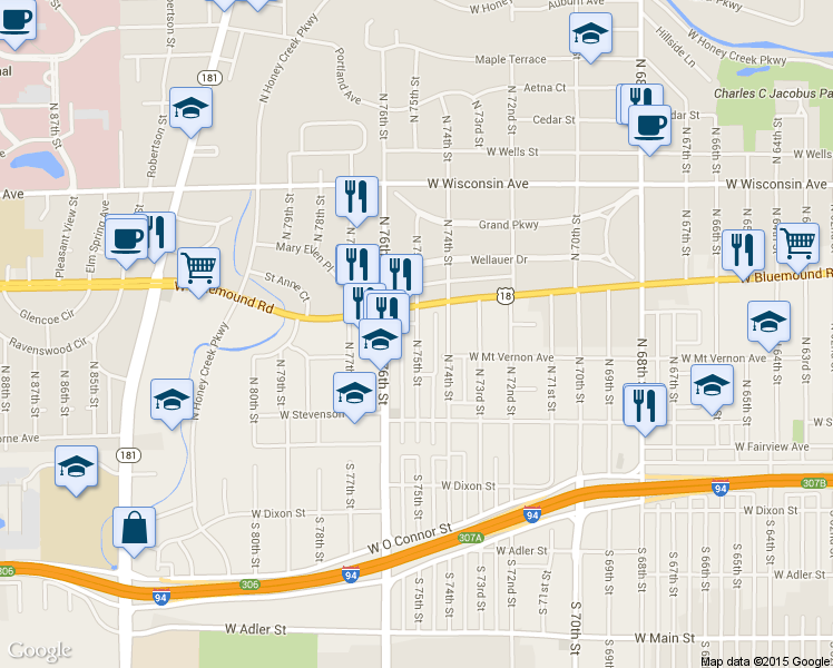 map of restaurants, bars, coffee shops, grocery stores, and more near 328 N 75th St in Milwaukee