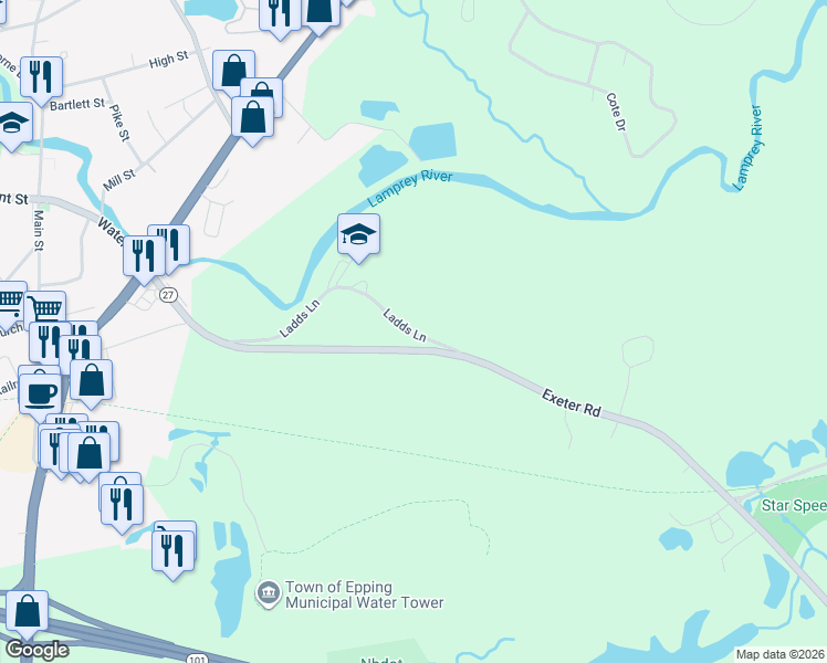 map of restaurants, bars, coffee shops, grocery stores, and more near 35 Ladds Lane in Epping