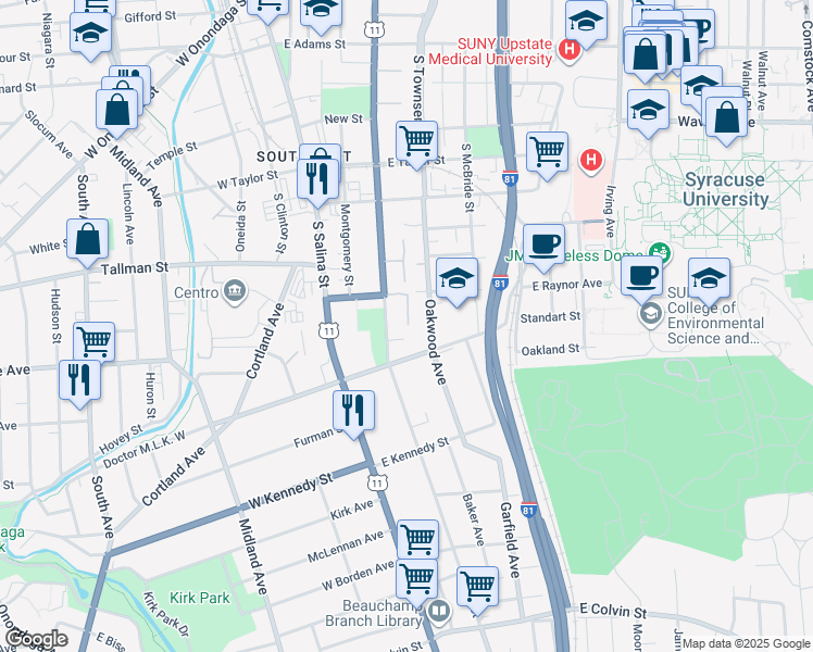 map of restaurants, bars, coffee shops, grocery stores, and more near 105 Croton Terrace in Syracuse