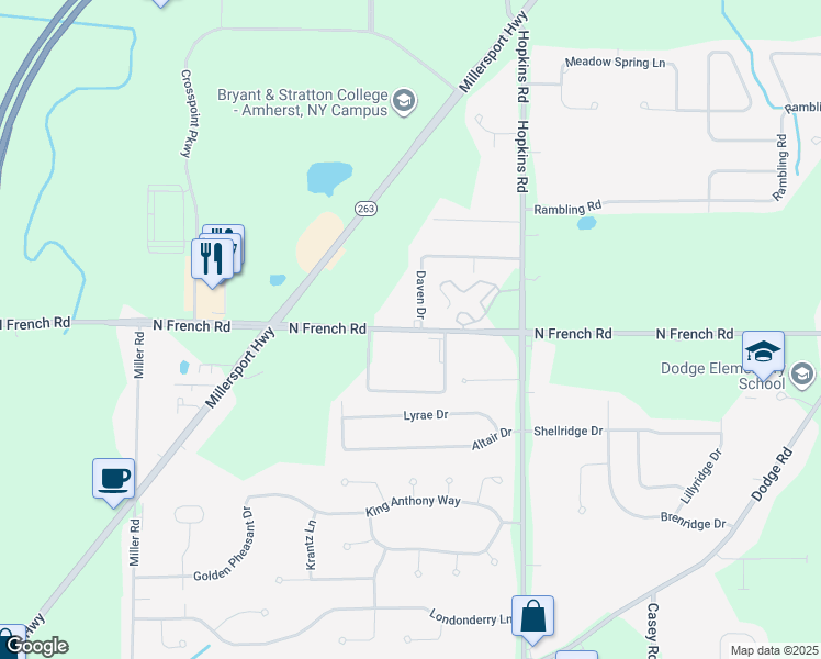 map of restaurants, bars, coffee shops, grocery stores, and more near 2198 North French Road in Getzville