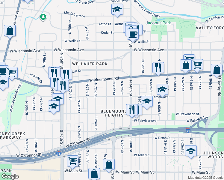 map of restaurants, bars, coffee shops, grocery stores, and more near 402 North 71st Street in Wauwatosa
