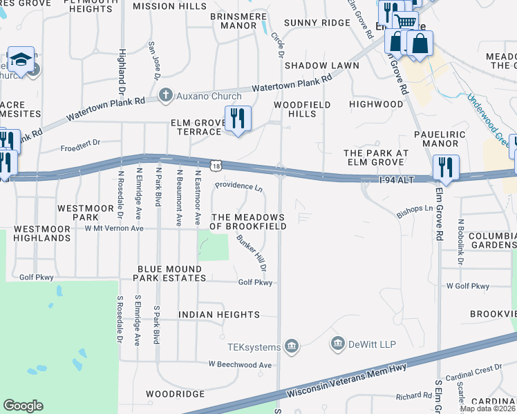map of restaurants, bars, coffee shops, grocery stores, and more near 410 Sheffield Drive in Brookfield