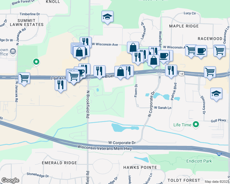 map of restaurants, bars, coffee shops, grocery stores, and more near 18375 Brookfield Lake Drive in Brookfield
