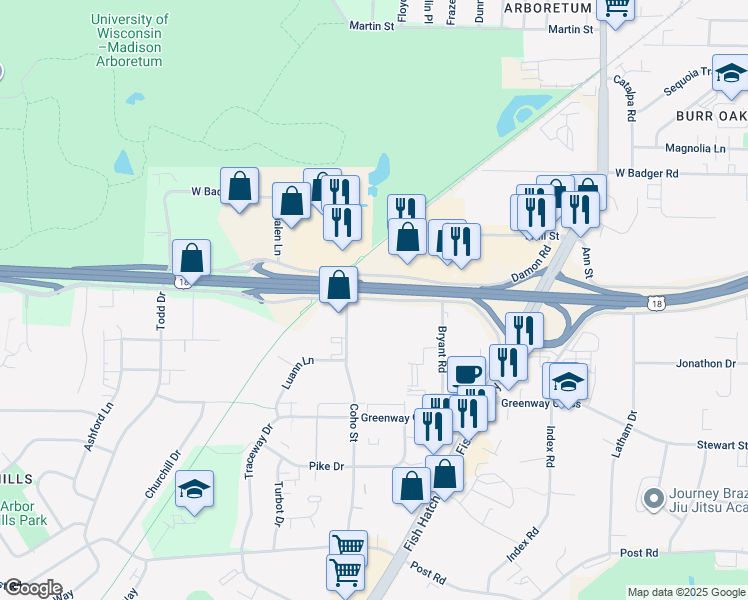 map of restaurants, bars, coffee shops, grocery stores, and more near 1906 W Beltline Hwy in Madison