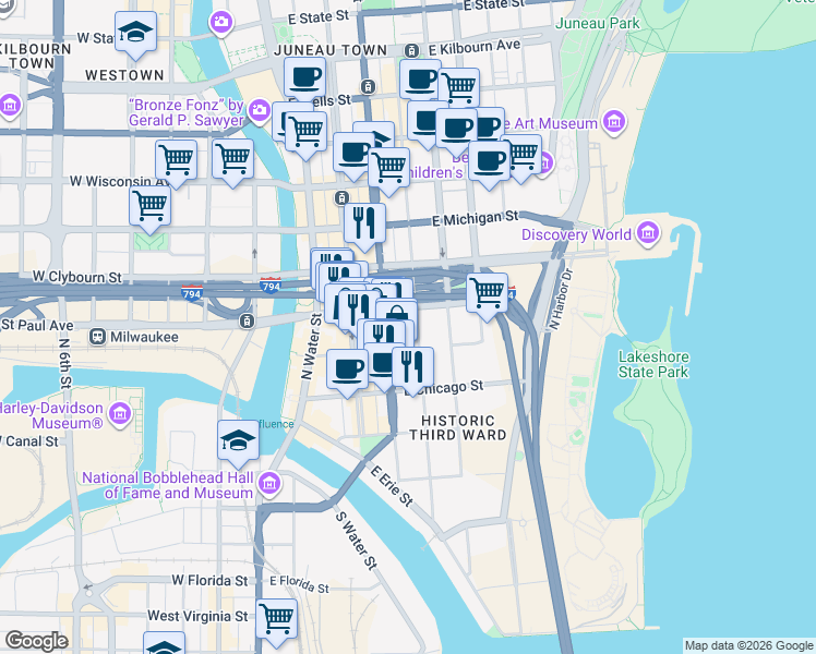 map of restaurants, bars, coffee shops, grocery stores, and more near 300 North Jefferson Street in Milwaukee