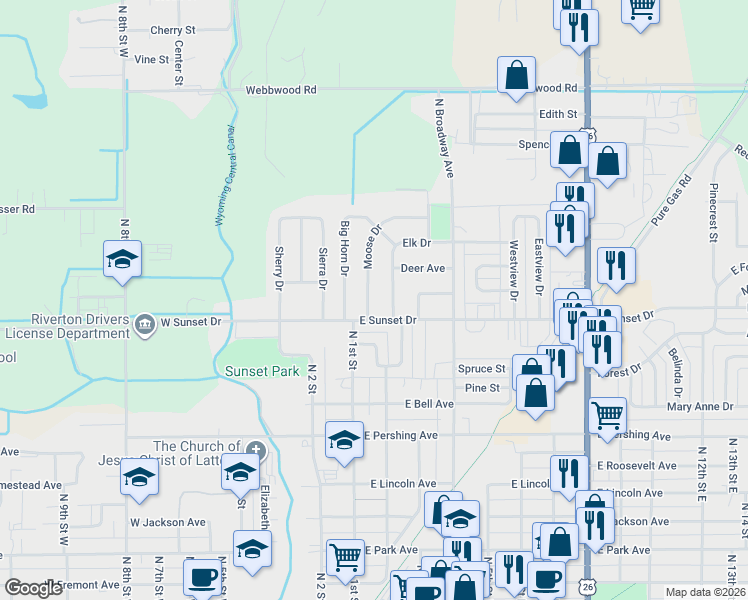 map of restaurants, bars, coffee shops, grocery stores, and more near 927 Moose Dr in Riverton