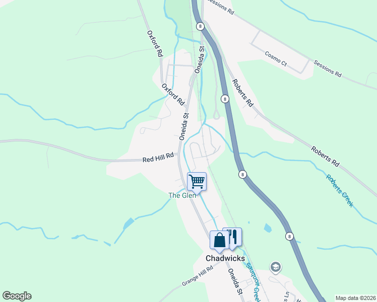 map of restaurants, bars, coffee shops, grocery stores, and more near 3562 Oneida Street in New Hartford
