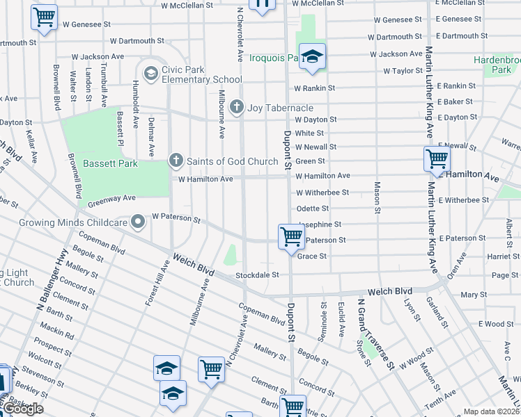 map of restaurants, bars, coffee shops, grocery stores, and more near 2113 Mount Elliott Avenue in Flint