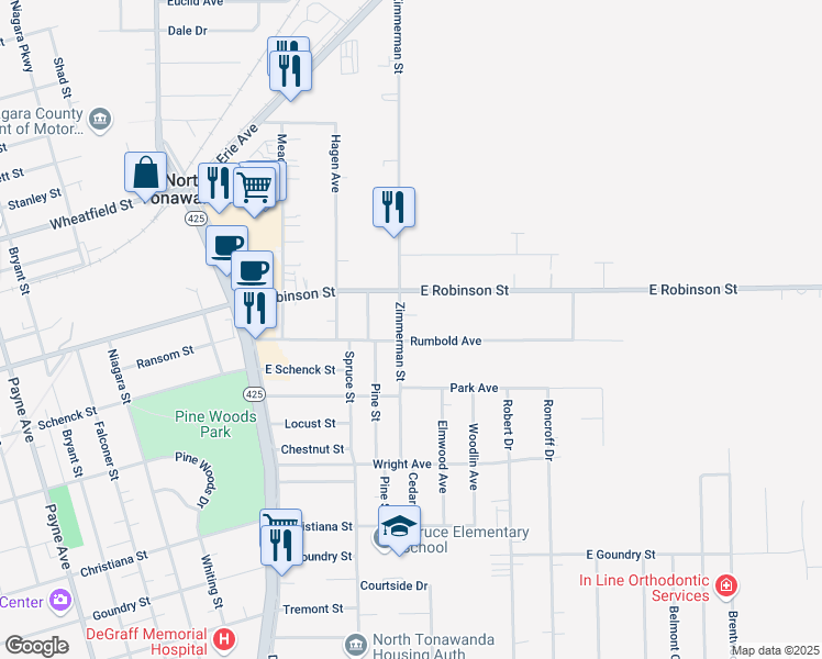 map of restaurants, bars, coffee shops, grocery stores, and more near 158 Madison Avenue in North Tonawanda