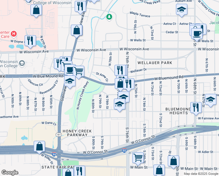 map of restaurants, bars, coffee shops, grocery stores, and more near 7700 West Bluemound Road in Wauwatosa