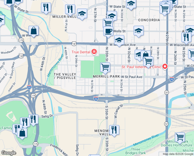 map of restaurants, bars, coffee shops, grocery stores, and more near 341 North 36th Street in Milwaukee