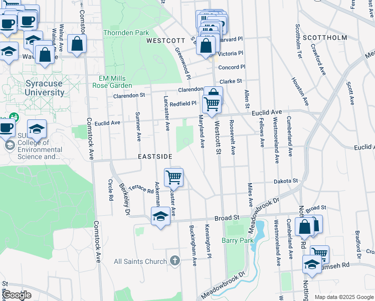 map of restaurants, bars, coffee shops, grocery stores, and more near 98 Westminster Avenue in Syracuse