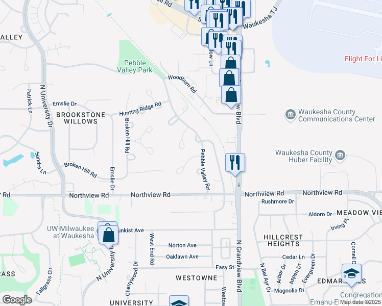 map of restaurants, bars, coffee shops, grocery stores, and more near 2119 Grayfox Court in Waukesha