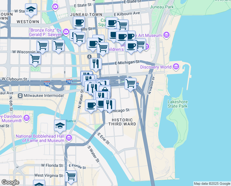 map of restaurants, bars, coffee shops, grocery stores, and more near 300 North Jefferson Street in Milwaukee
