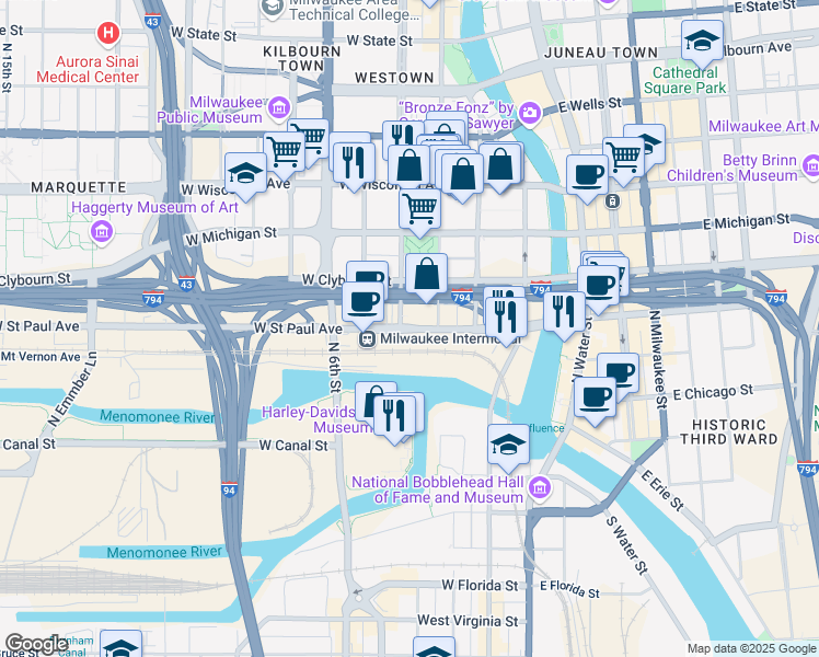 map of restaurants, bars, coffee shops, grocery stores, and more near 346 West Saint Paul Avenue in Milwaukee