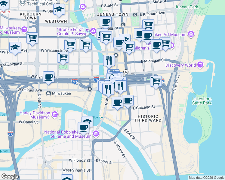 map of restaurants, bars, coffee shops, grocery stores, and more near 342 North Water Street in Milwaukee