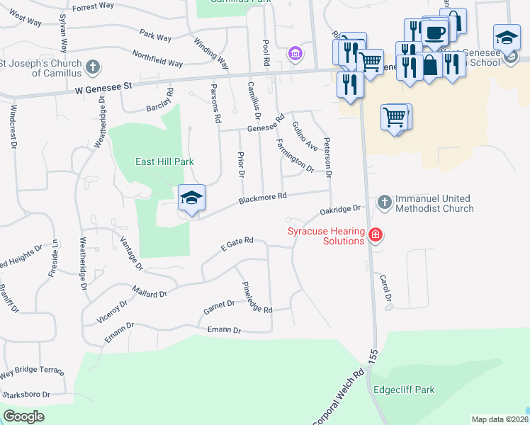map of restaurants, bars, coffee shops, grocery stores, and more near 117 Blackmore Road in Camillus