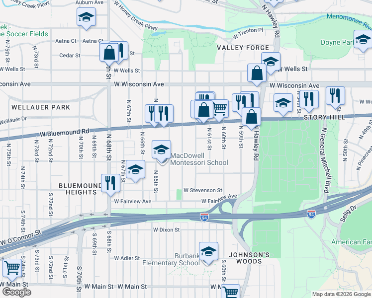 map of restaurants, bars, coffee shops, grocery stores, and more near 343 North 62nd Street in Milwaukee