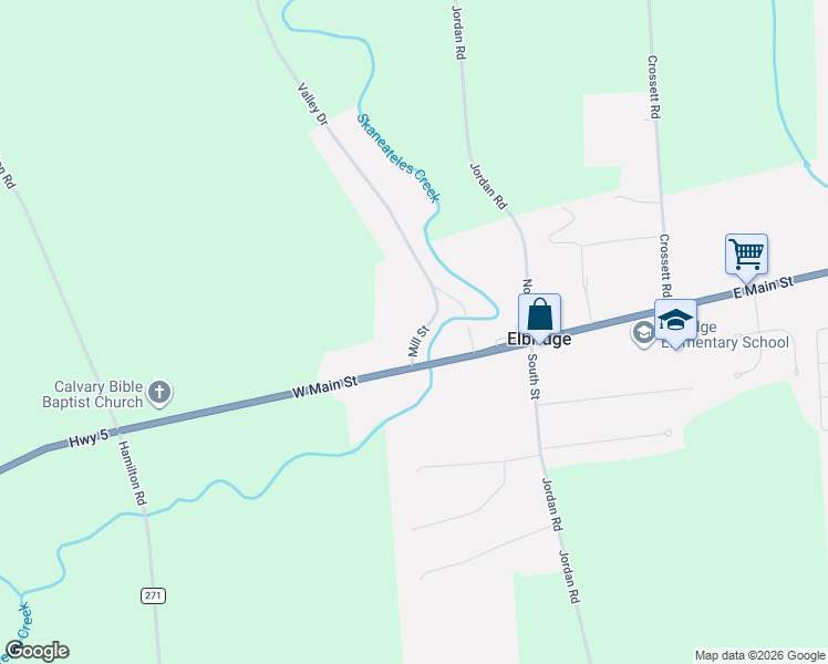 map of restaurants, bars, coffee shops, grocery stores, and more near 107 Mill Street in Elbridge
