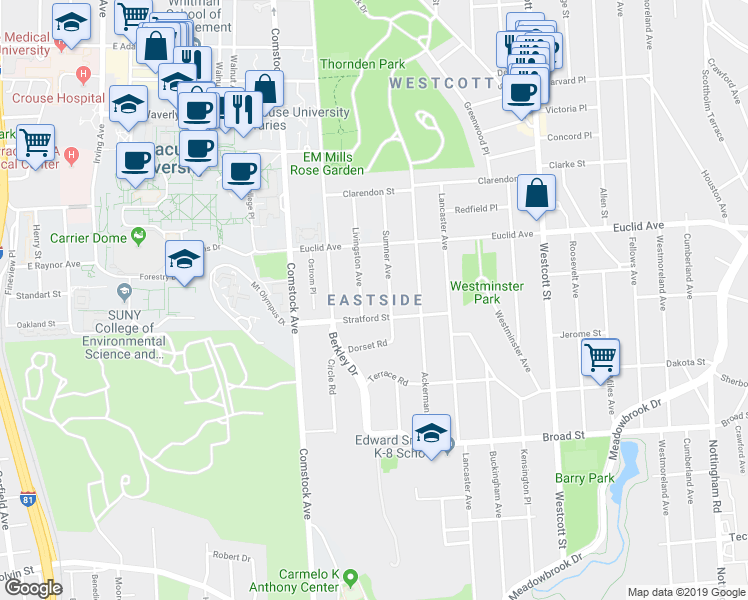 map of restaurants, bars, coffee shops, grocery stores, and more near in Syracuse