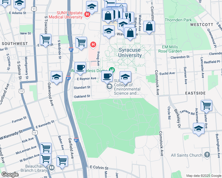map of restaurants, bars, coffee shops, grocery stores, and more near 1 Forestry Drive in Syracuse