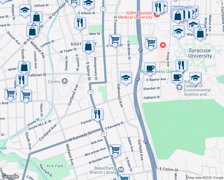 map of restaurants, bars, coffee shops, grocery stores, and more near 105 Croton Terrace in Syracuse
