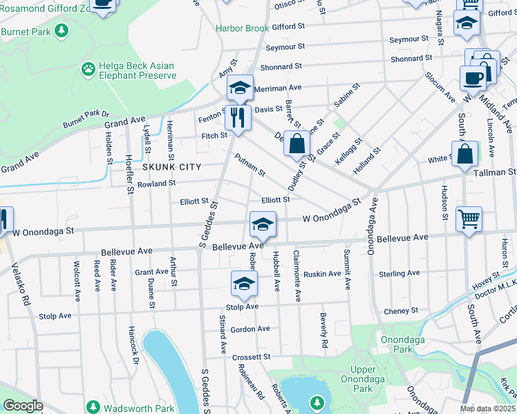 map of restaurants, bars, coffee shops, grocery stores, and more near 219 Elliott Street in Syracuse