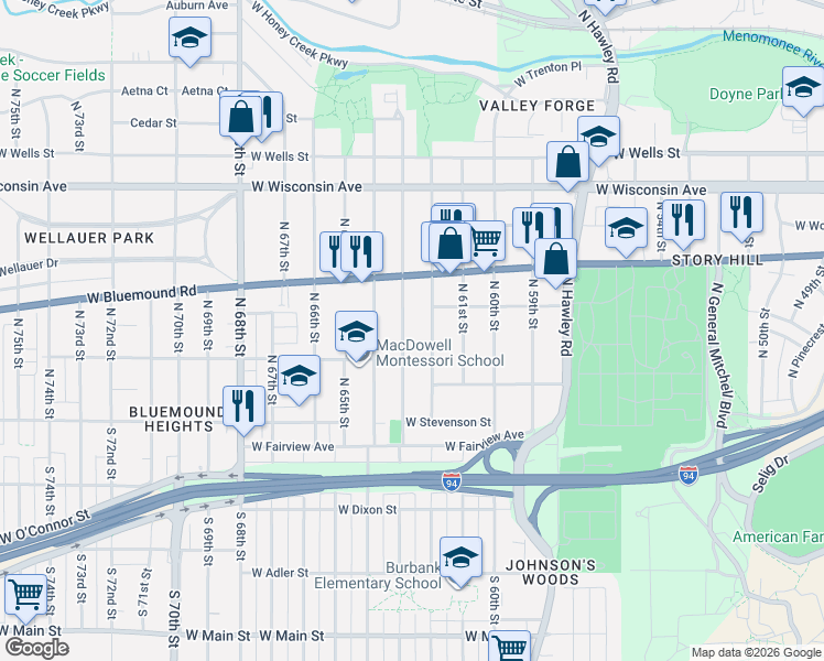 map of restaurants, bars, coffee shops, grocery stores, and more near 343 North 62nd Street in Milwaukee