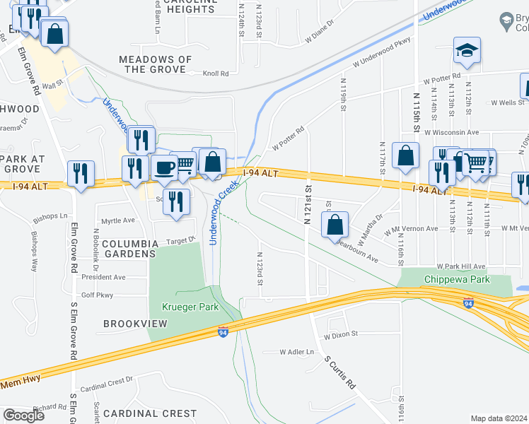 map of restaurants, bars, coffee shops, grocery stores, and more near 12307 West Dearbourn Avenue in Wauwatosa