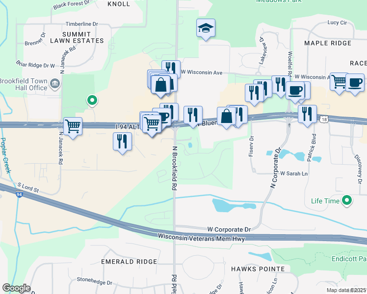 map of restaurants, bars, coffee shops, grocery stores, and more near 18775 Brookfield Lake Drive in Brookfield