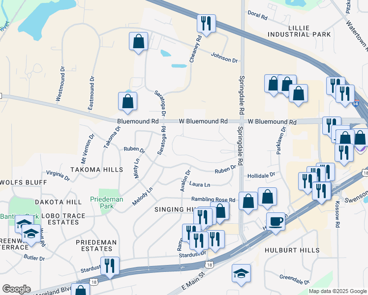map of restaurants, bars, coffee shops, grocery stores, and more near 2410 Springdale Road in Waukesha